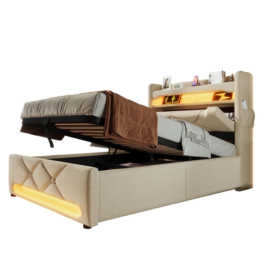 Letto singolo – 90x200 cm – USBC LED 360° contenitore – lino beige