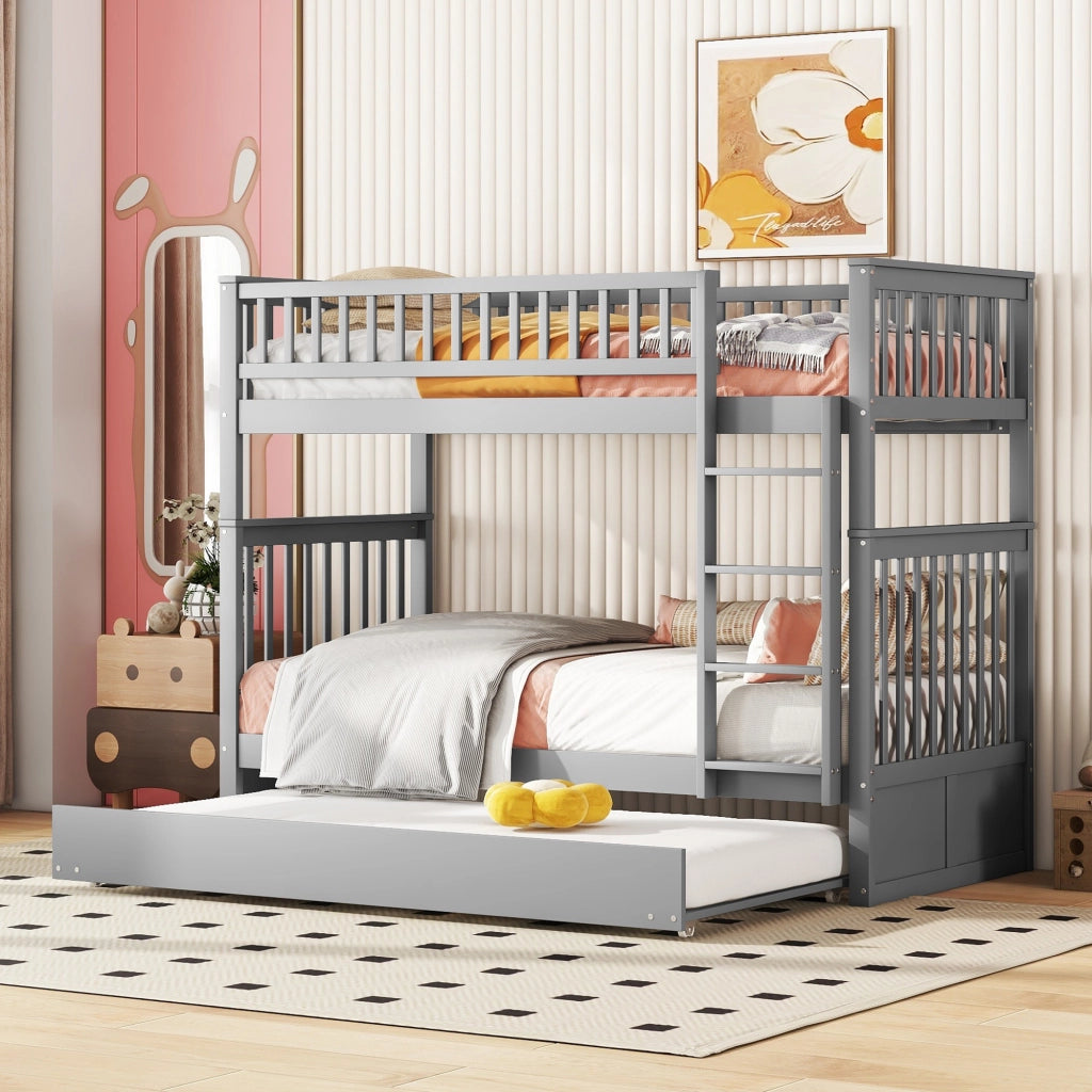 OKWISH Letto a Castello 90×200 cm, Letto 3 Posti con Letto Estraibile, Scala e Sponde Alte, senza Materasso, in Pino, Grigio