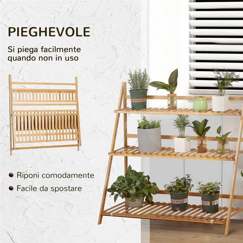 FIORIERA DA ESTERNO A 3 LIVELLI IN BAMBÙ CON DESIGN RIALZATO E PIEGHEVOLE, 98X37X96.5 CM, COLOR LEGNO