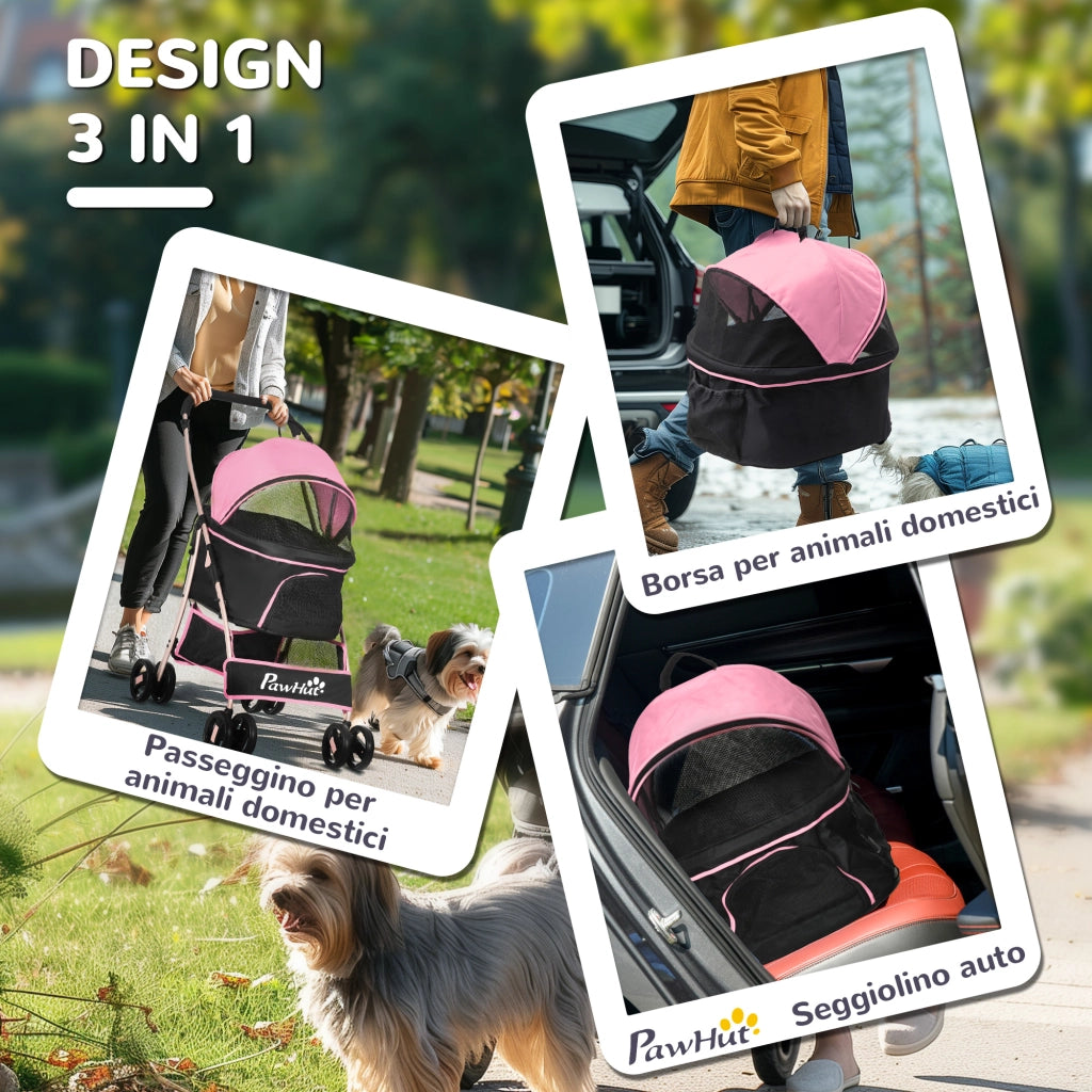 Passeggino per Cani 2 in 1 Pieghevole e Convertibile in Trasportino con 2 Guinzagli e Cuscino Rosa