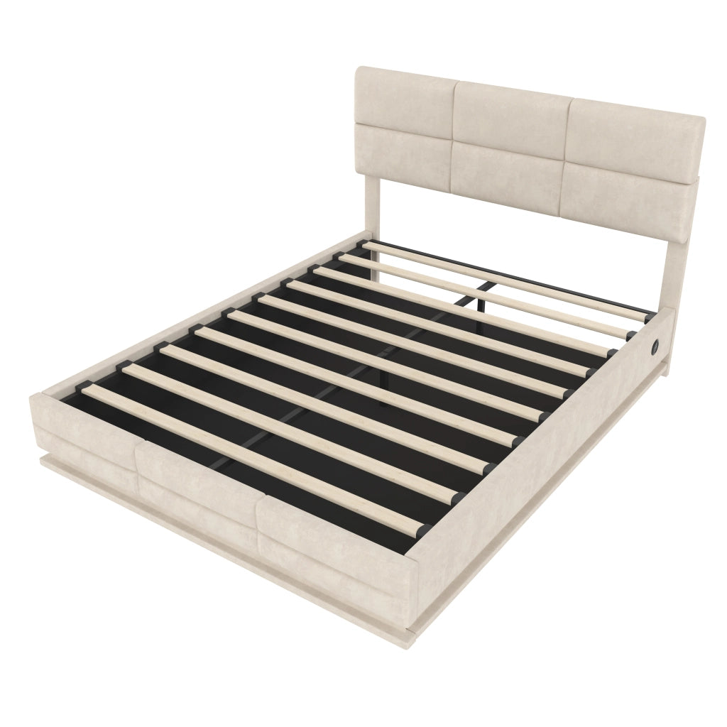 Letti contenitori 160x200 cm con LED e contenitore; velluto beige (Senza materasso)