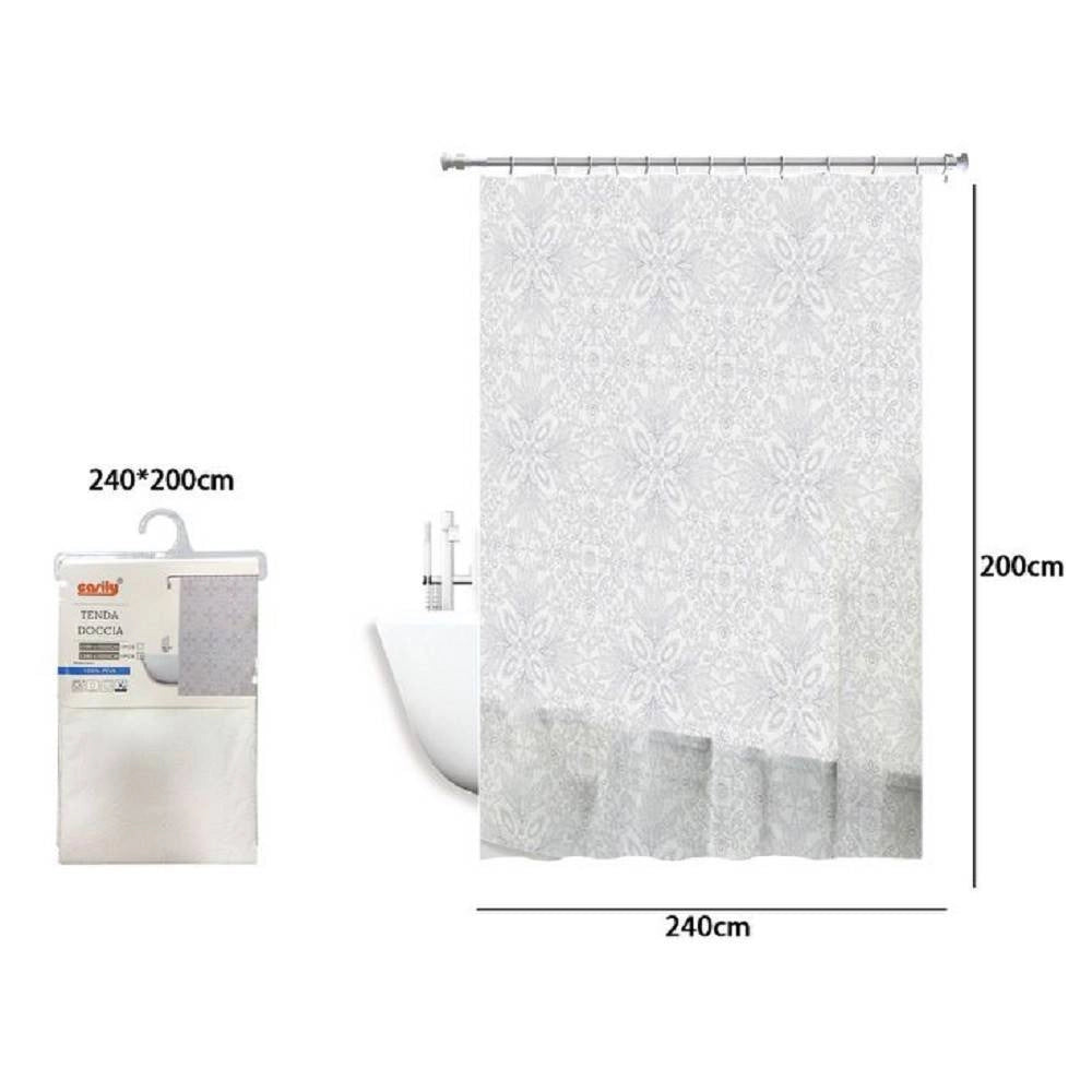 Trade Shop - Tenda Doccia Vasca Bianca Impermeabile Pvc 240 X 200cm Decorata Con Foglie 69514 -