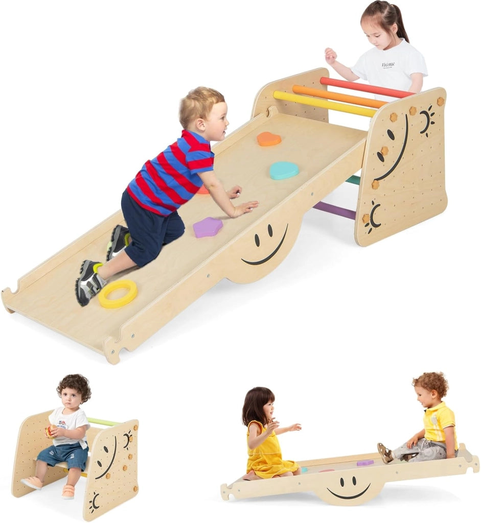6 in1 Set Arrampicata per Bambini, Giocattoli da Arrampicata in Legno con Rampe Reversibili, Altalena, Sgabello Regolabile in Altezza, Scala da Arrampicata per Bambini 3+ Anni