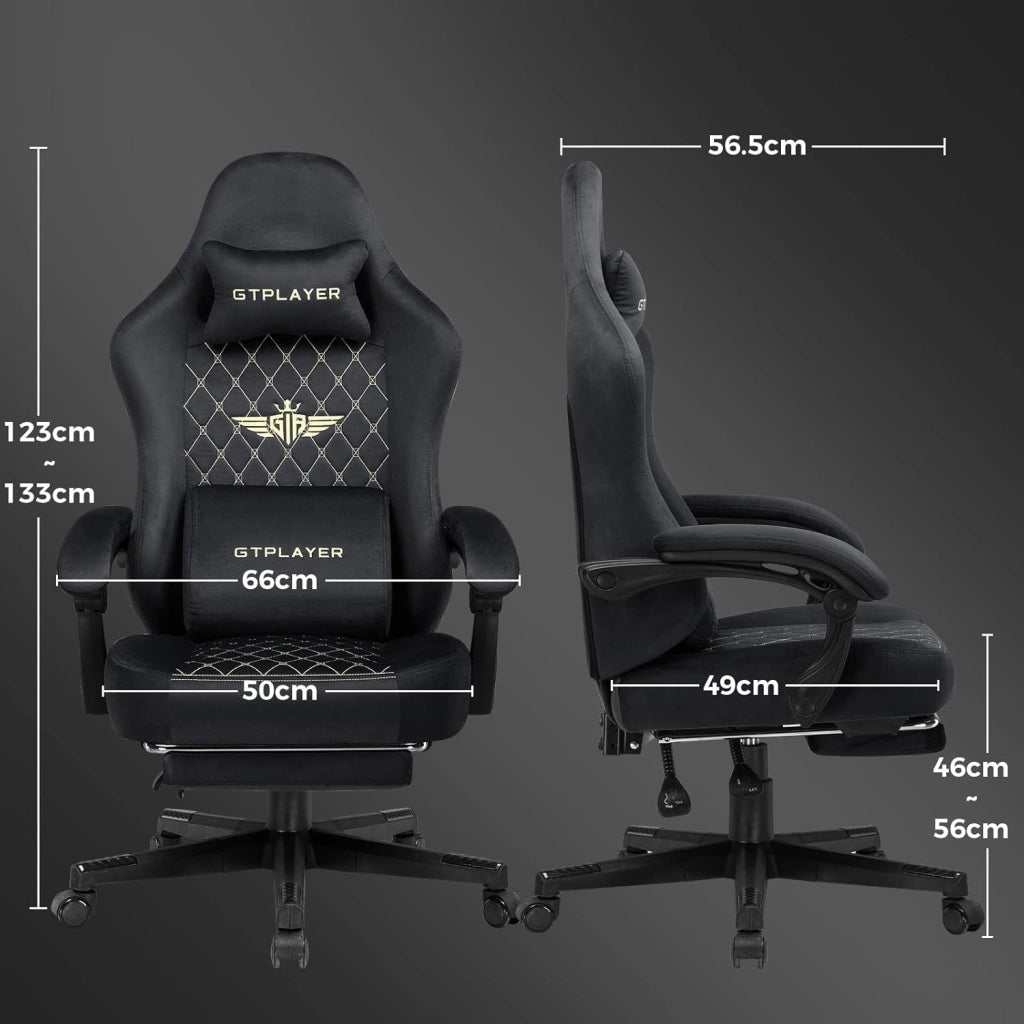 Sedia Gaming Poltrona Gaming Tessuto Sedia Gamer Ergonomica Ufficio Sedia PC 150 kg Sedia da tavolo regolabile e girevole con Cuscino Seduta a Molle e Poggiapiedi, Nero