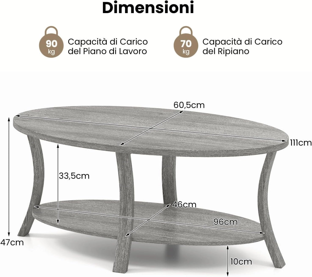 Tavolino da Caffè Ovale a 2 Livelli, Tavolino Basso da Salotto in Legno con Ampio Piano e Ripiano Aperto, Design Rustico per Soggiorno, Ufficio e Studio, 111 x 60,5 x 47 cm (Grigio)