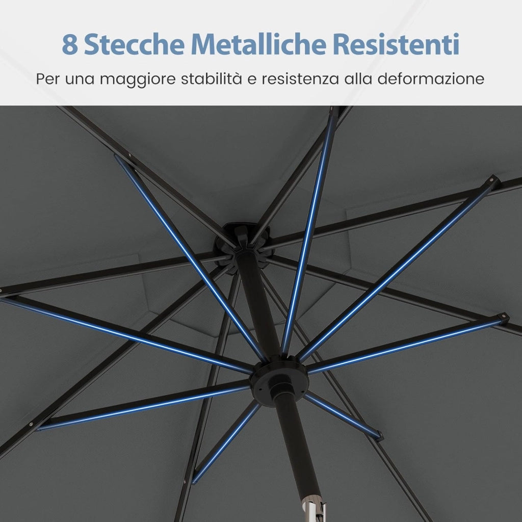 Ombrellone da Esterno 288 cm, con 96 Luci LED, Ombrellone Giardino con Inclinazione Regolabile, Manovella, 8 Stecche e Top Ventilato, Parasole da Mercato per Giardino Spiaggia (Grigio)