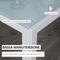 Set da Pranzo Tavolo con Piano in Vetro e 4 Sedie in Metallo e Similpelle  Bianco