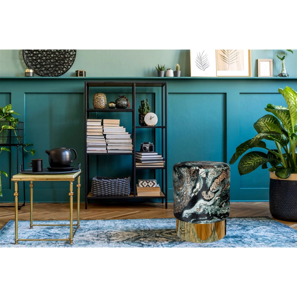 Pouf contenitore Gipsy in velluto verde scuro e oro