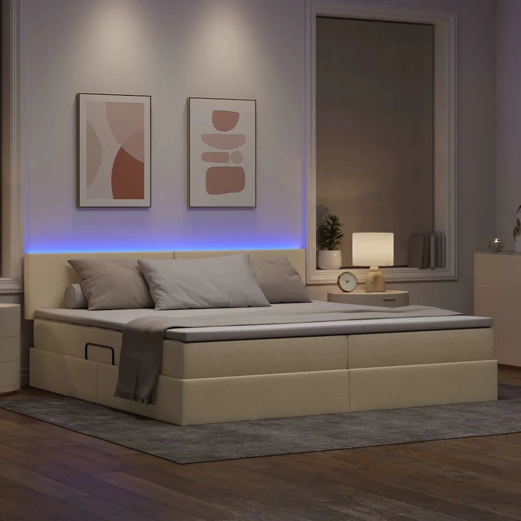 Letto con contenitore e LED con led Crema 200 x 200 cm Tessuto 3371107