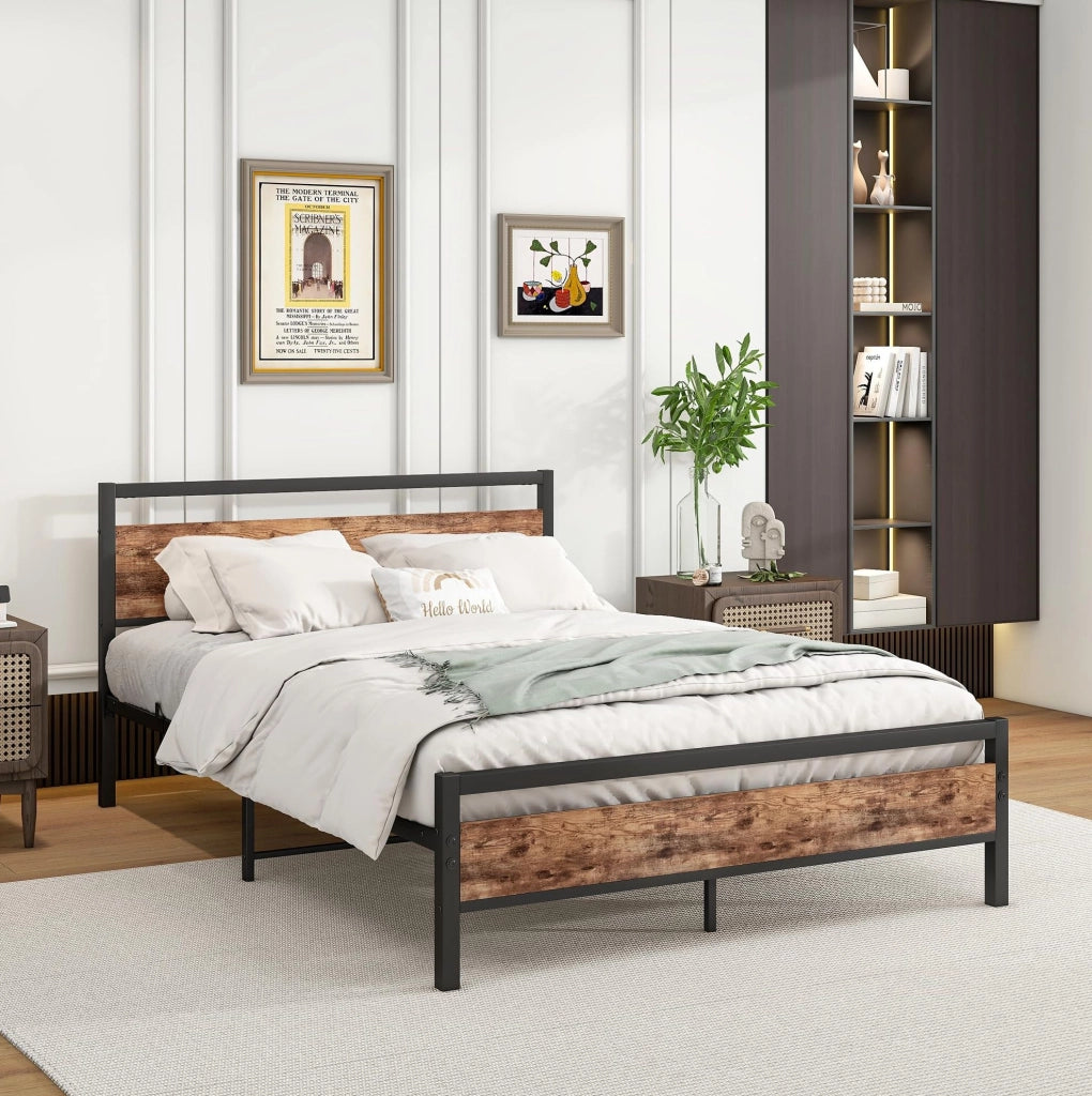 Letto matrimoniale 140x200 cm in metallo e MDF marrone antico