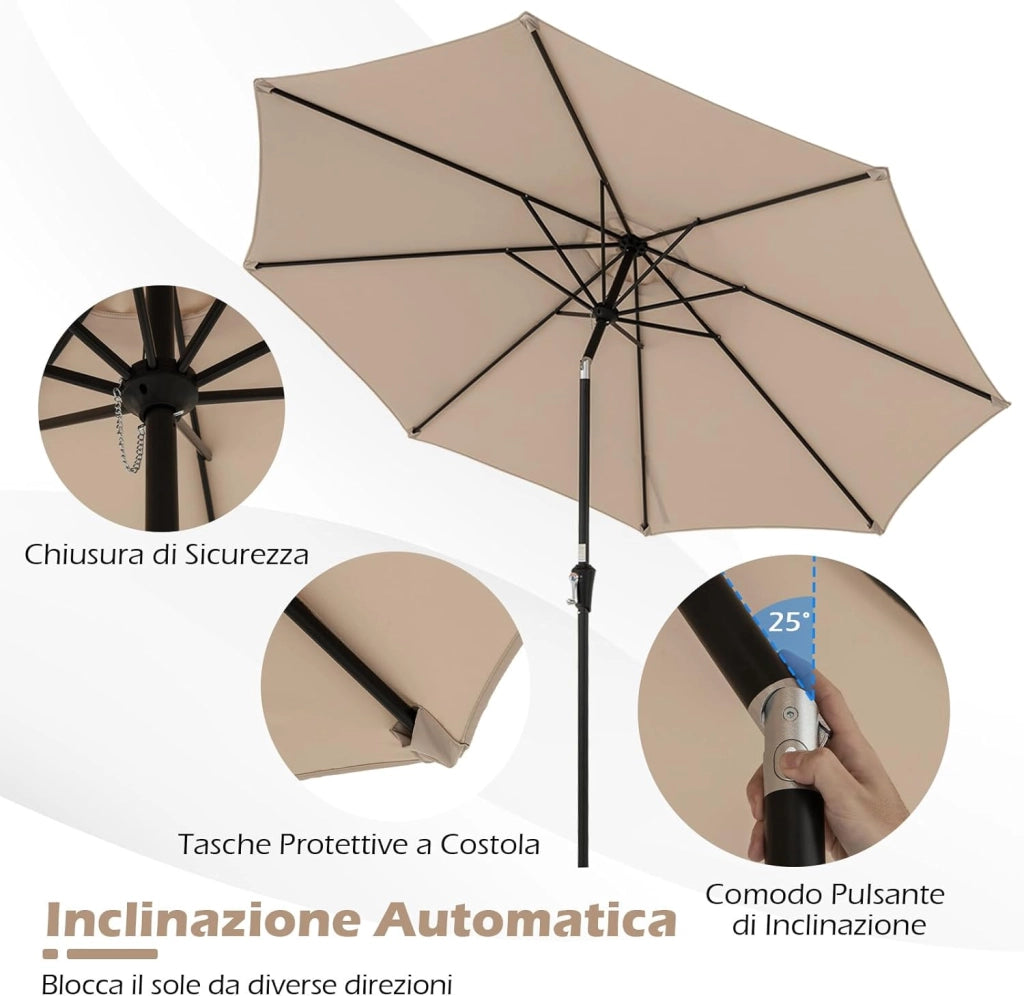 Ombrellone da Giardino, Diametro 290 cm, Ombrello da Spiaggia con Manovella e Inclinazione Regolabile, Ideale per Spiaggia, Balcone, Giardino (Beige)