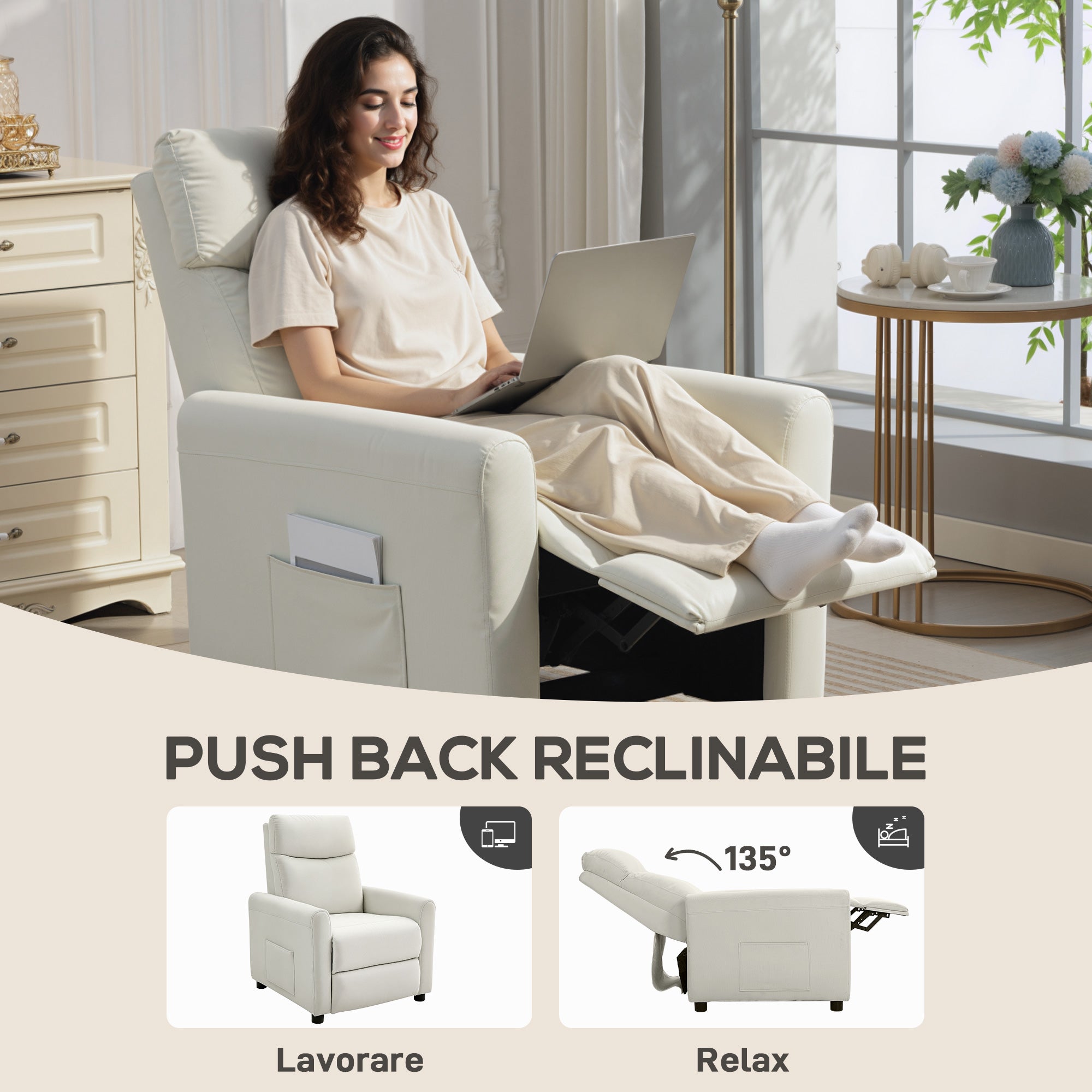 Poltrona Reclinabile 135° Max 73x86x100 cm in Tessuto Effetto Lino Bianco Crema