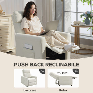 Poltrona Reclinabile 135° Max 73x86x100 cm in Tessuto Effetto Lino Bianco Crema