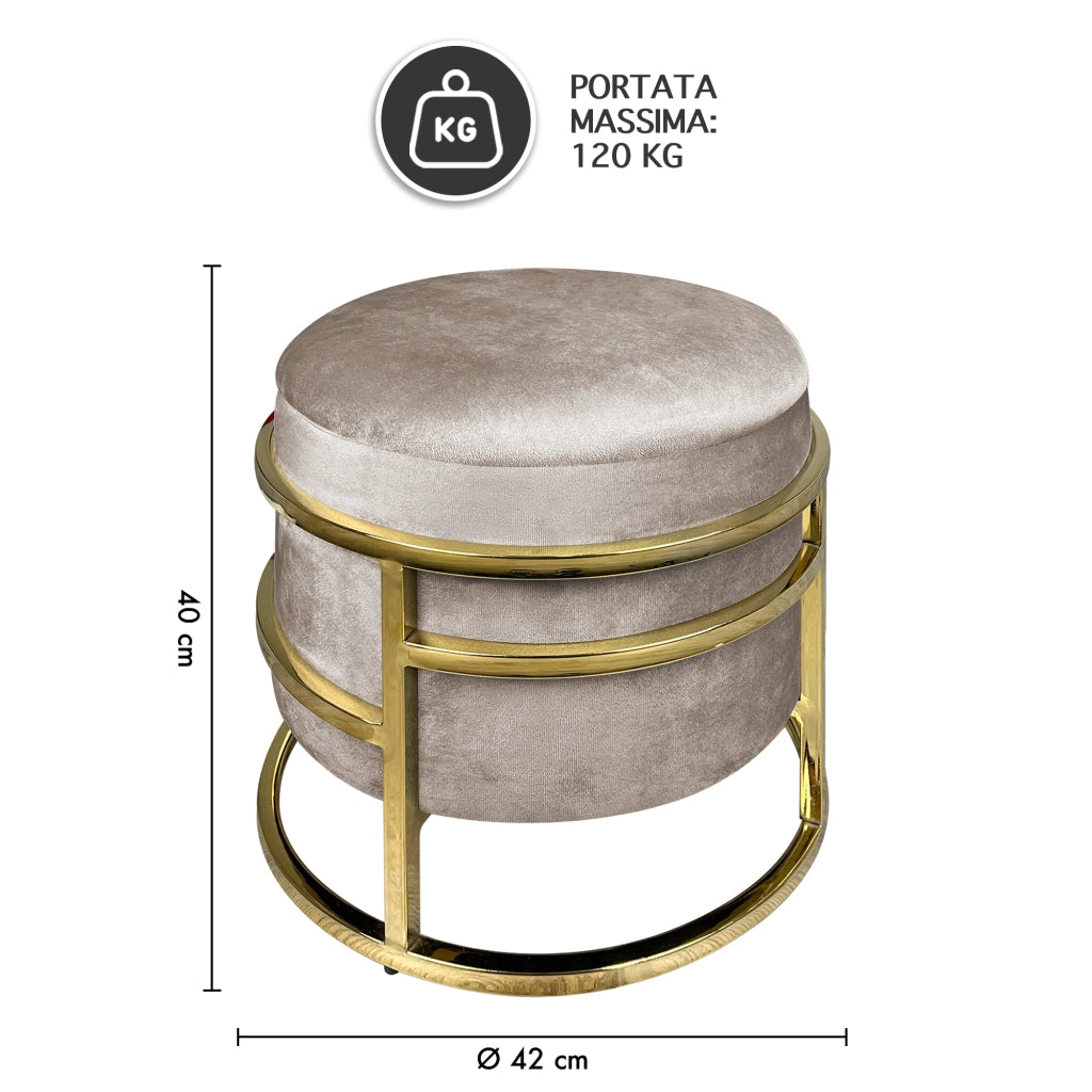 Pouf Contenitore Poggiapiedi Velluto Con Struttura Circolare Cromata Oro Elegante Imbottito Sgabello Per Toeletta Mobile Trucco Ottomano Ingresso Camera Da Letto Rotondo - Tortora