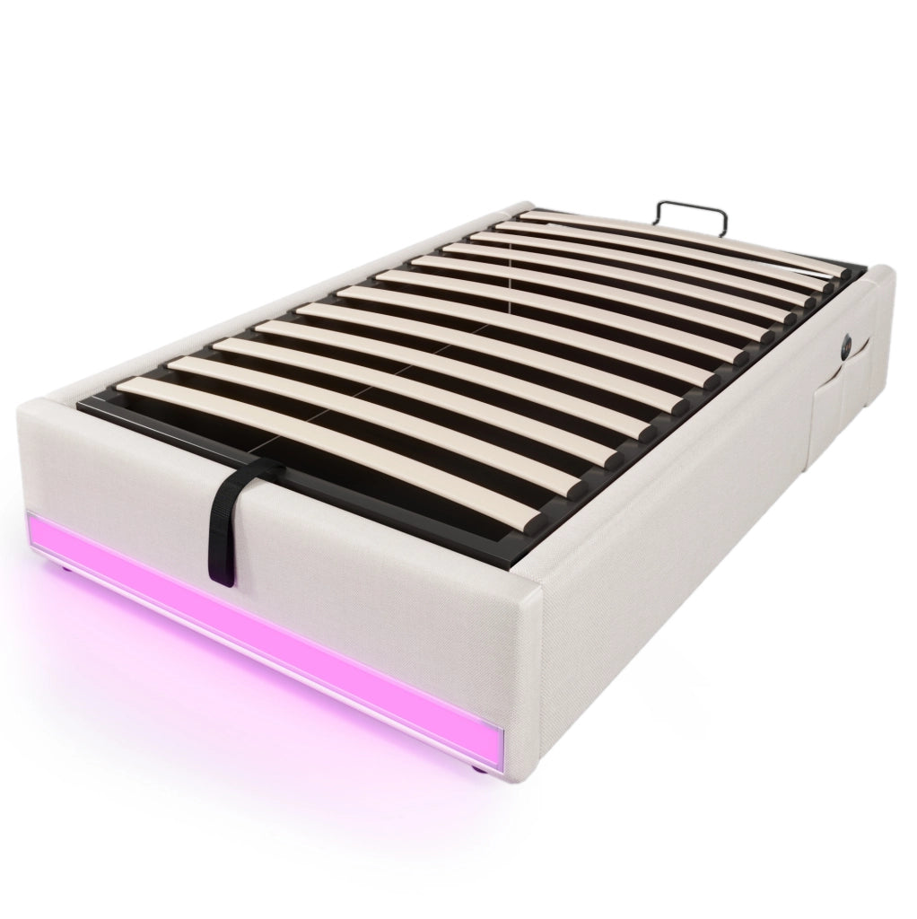 Letto imbottito 90x200 cm in lino con LED; porte USB e Type-C; contenitore idraulico; beige