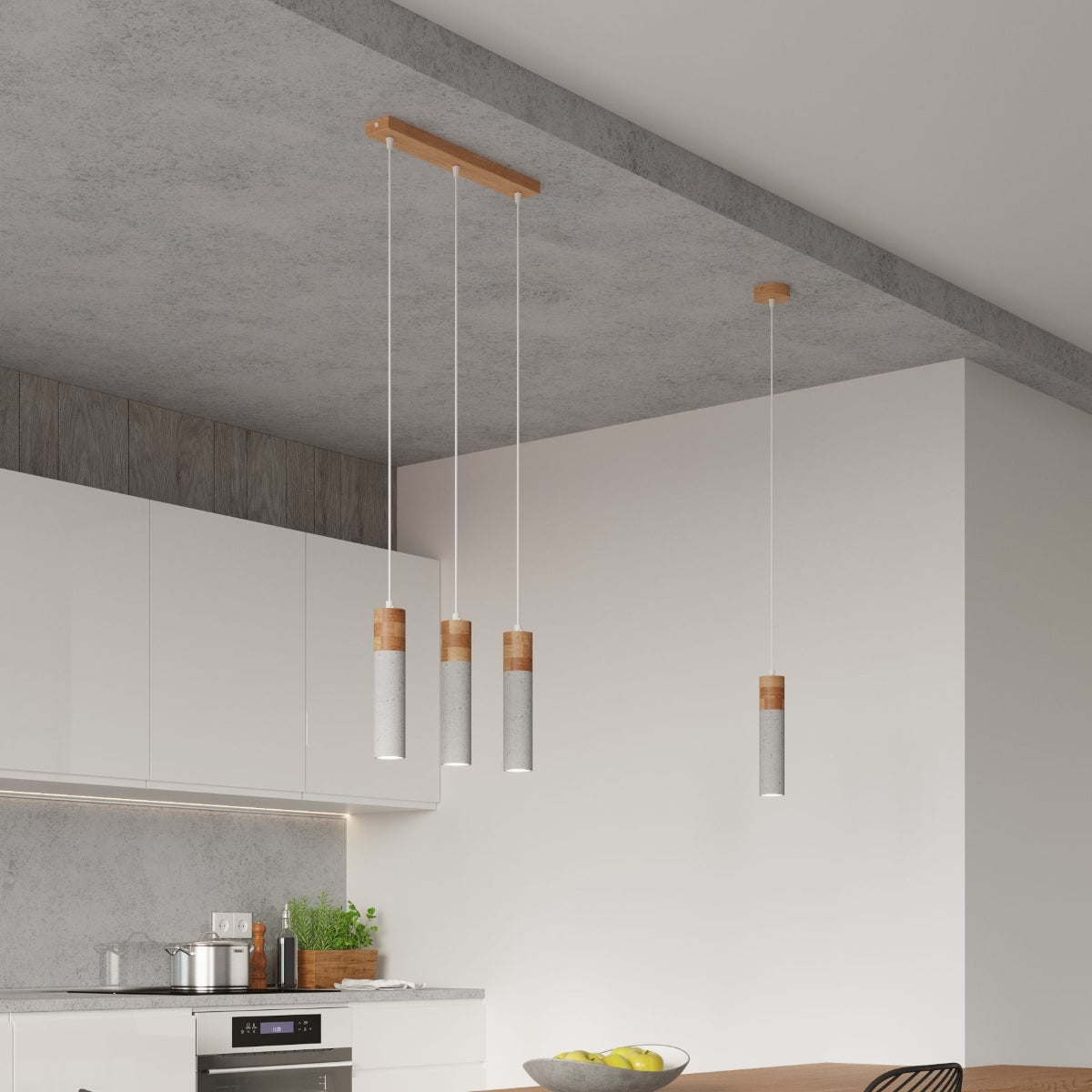 Lampada a sospensione industriale ZANE in cemento e legno a 3 luci 45x6x120 cm
