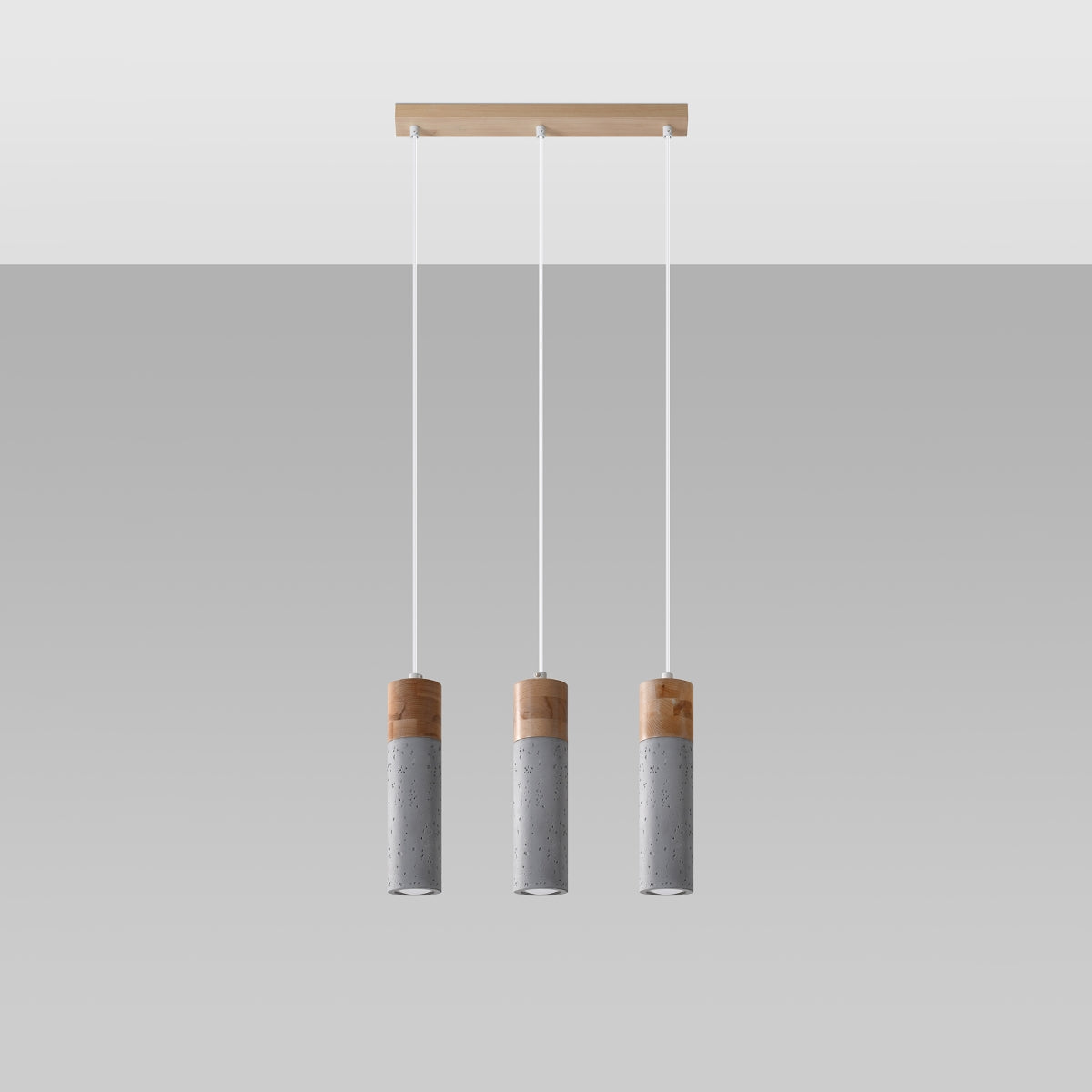 Lampada a sospensione industriale ZANE in cemento e legno a 3 luci 45x6x120 cm