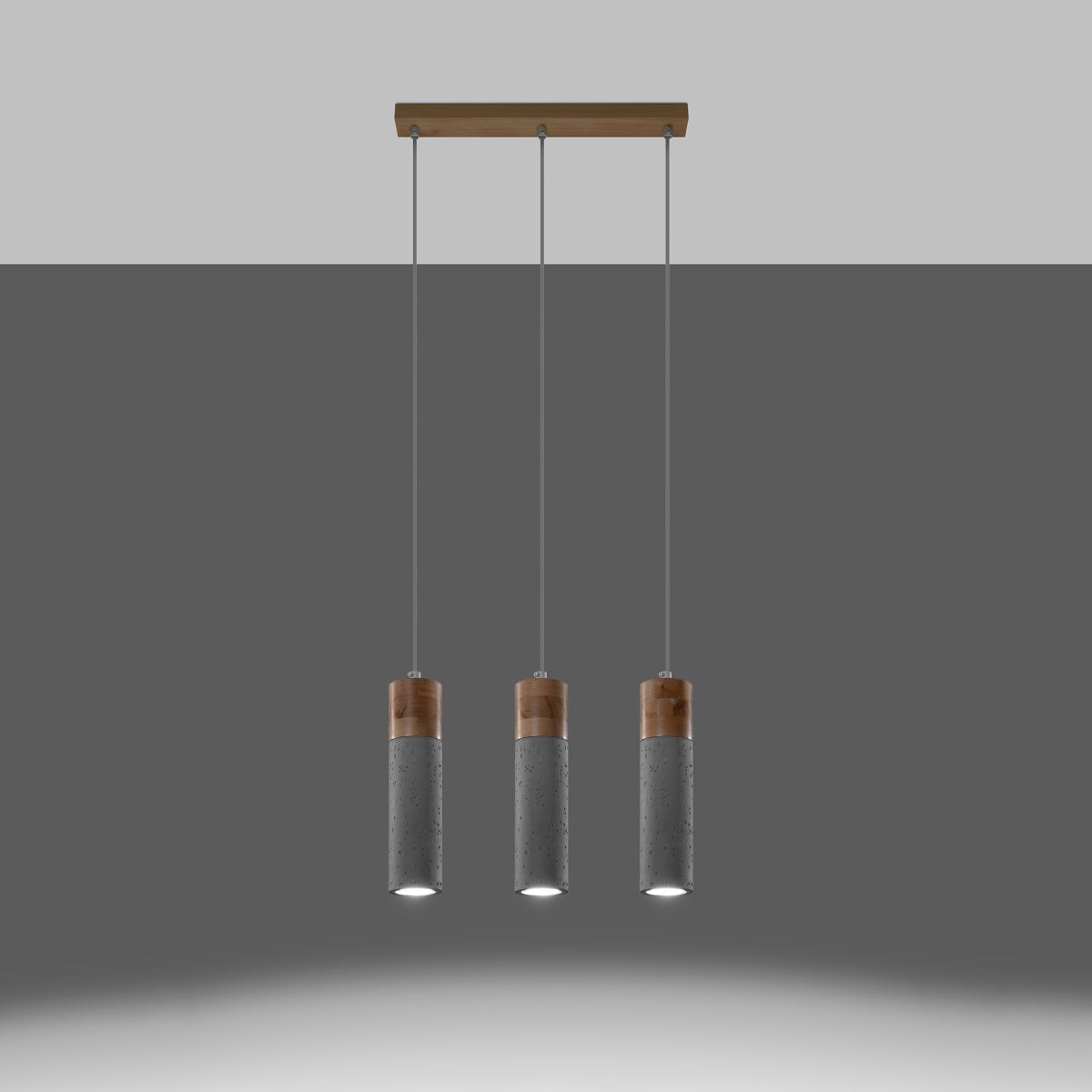 Lampada a sospensione industriale ZANE in cemento e legno a 3 luci 45x6x120 cm