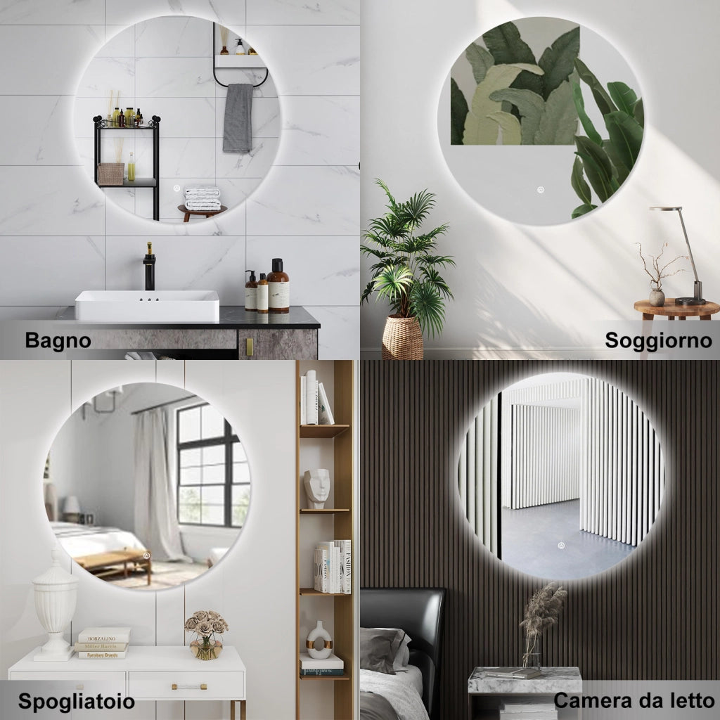AICA Specchio da bagno 60 x 60 cm, antiappannamento, dimmerabile, interruttore touch, Funzione Memoria