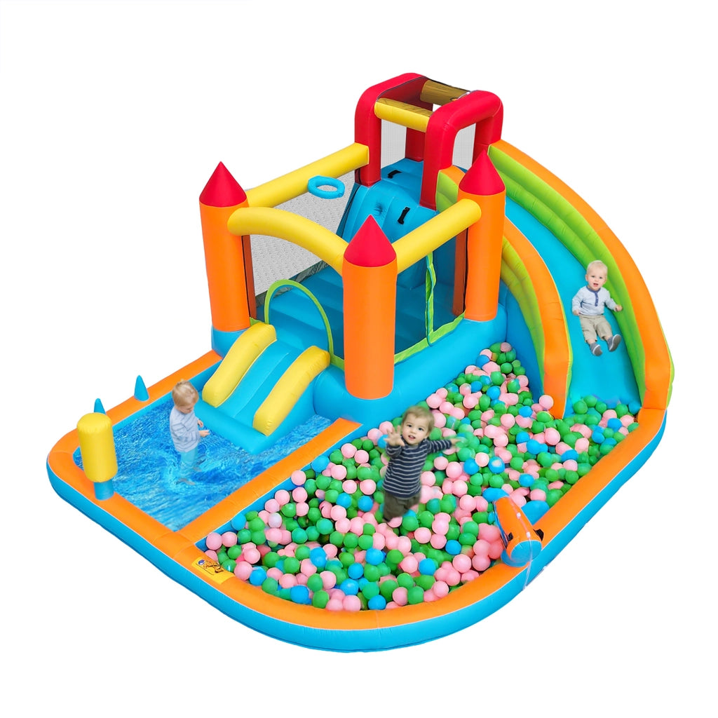 Castello gonfiabile multifunzione con scivolo d'acqua trampolino canestro e pistole ad acqua in oxford arancione