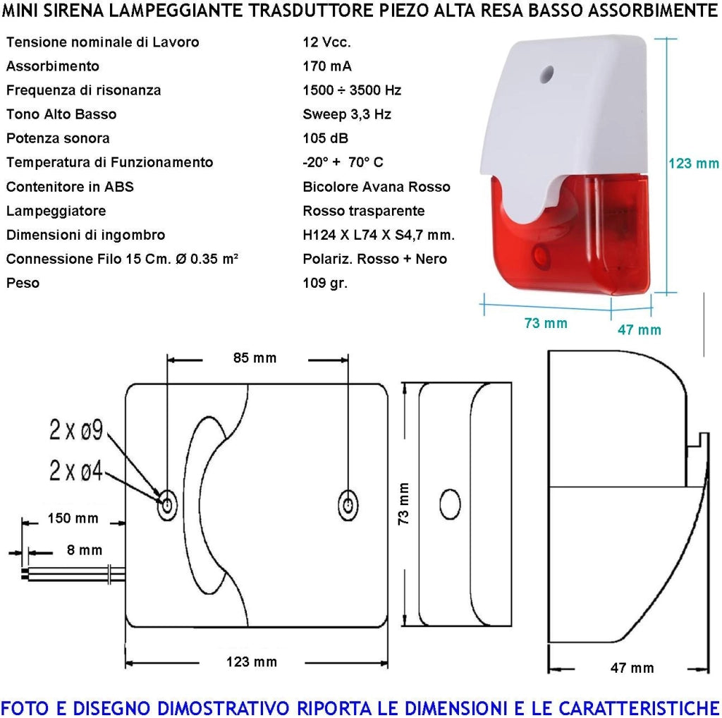 Sirena Piezoelettrica Lampeggiante 3 Pezzi Per Antifurto a Parete Melodia Bitono da 1500/4000 Hz 105 dB Alimentazione 12 Vcc Assorbimento 170 mA 2 Fili Polarizzati Contenitore ABS Interno Esterno IP44