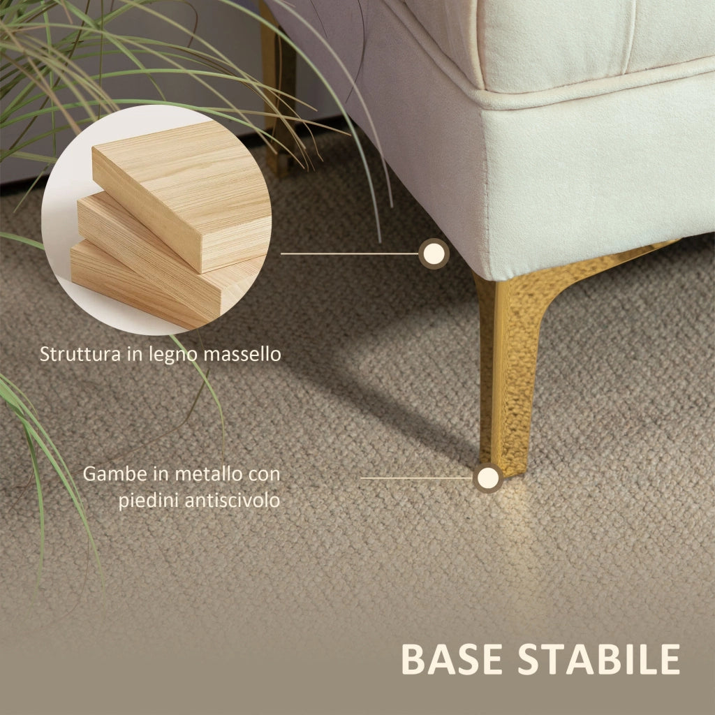 Panca Fondo Letto Imbottita con Rivestimento Trapuntato in Tessuto Effetto Velluto, 118x45x42 cm, Beige
