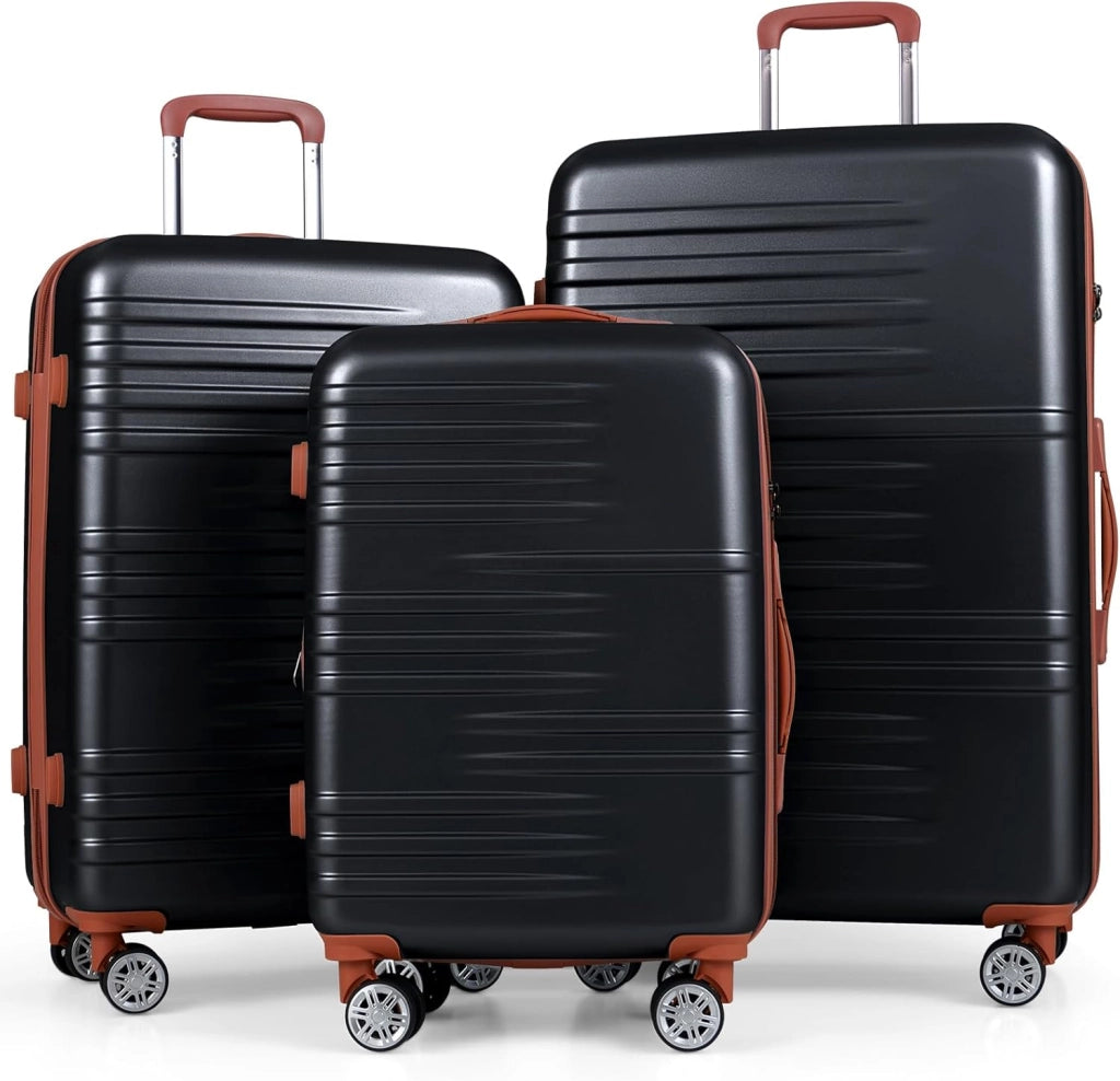Set di Valigie Rigide 3 Pezzi, Set Valigia da Viaggio in ABS con TSA Lucchetto, Manico Telescopico in Alluminio e Ruote Piroettanti, 20", 24", 28" (Nero)