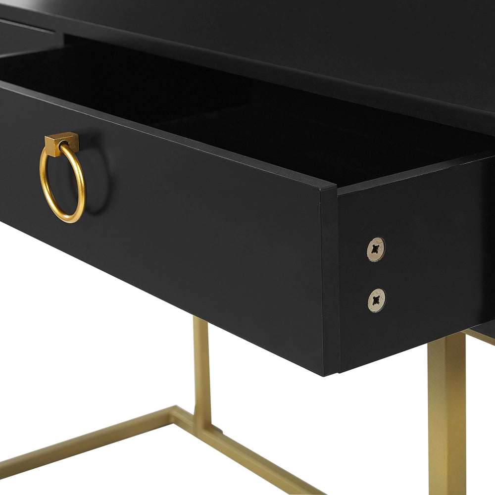 Consolle Nero 2 cassetti con maniglie ad anello Base in metallo dorato scrivania smart working Tavolo da salotto Comò per camera da letto