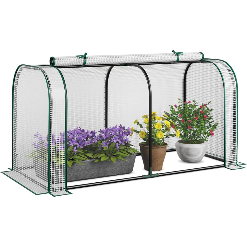 Mini serra portatile per giardino e patio, Porta arrotolabile e struttura metallica resistente alla ruggine Bianco-Serre da giardino