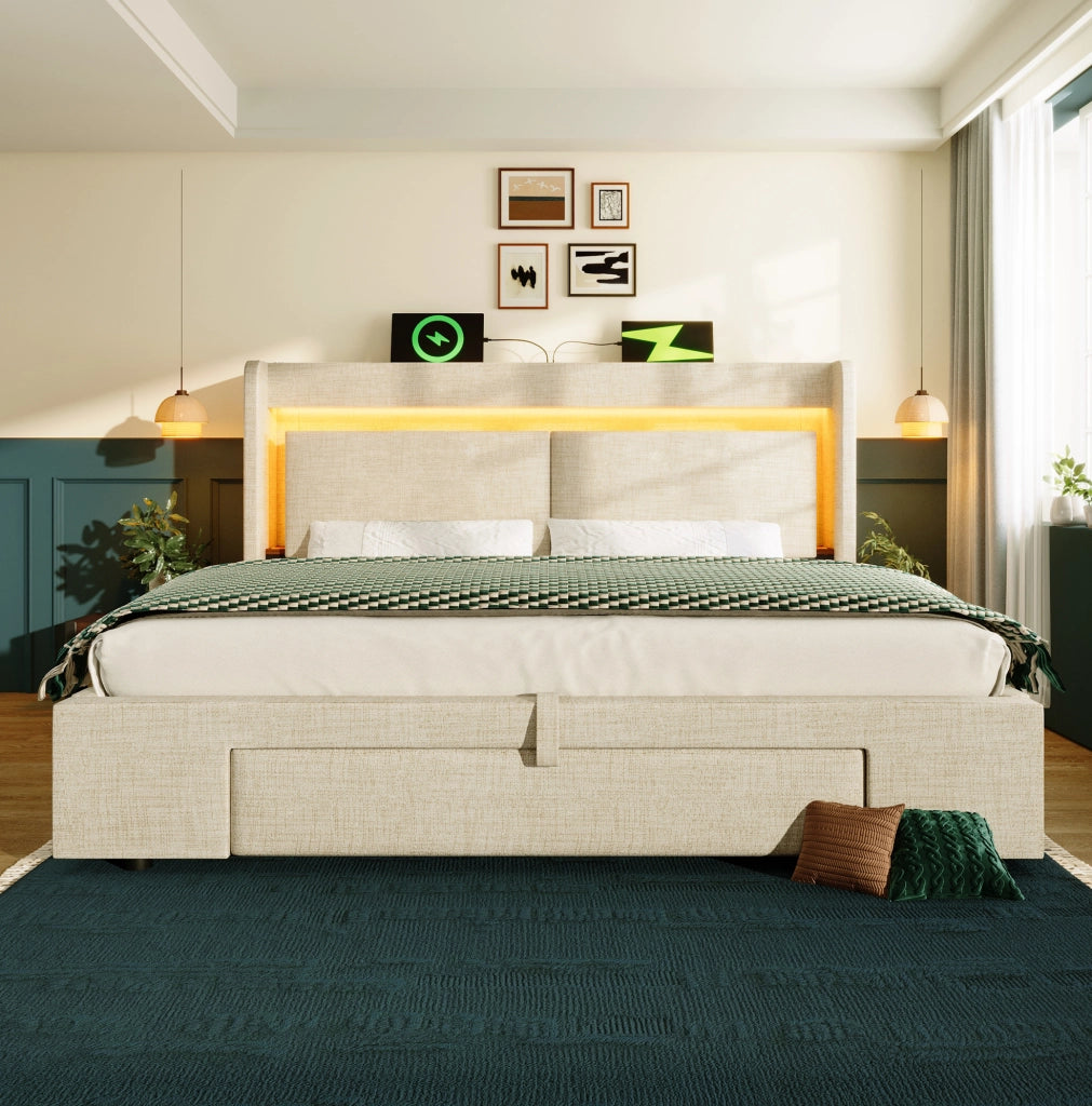 Letto contenitore imbottito 140x200 cm con materasso; LED; USB/USB-C e testiera in lino; beige