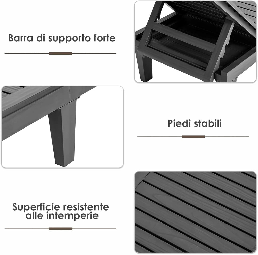 Lettino Prendisole da Giardino, Sdraio da Giardino Con Schienale Regolabile a 5 Livelli, Chaise Longue Impermeabili da Esterno, per Spiaggia Piscina Giardino, Portata 180 kg (2, Nero)