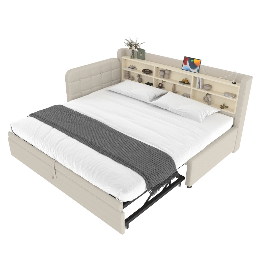 Divano letto estraibile 90x200 cm in lino beige con USB e Type-C
