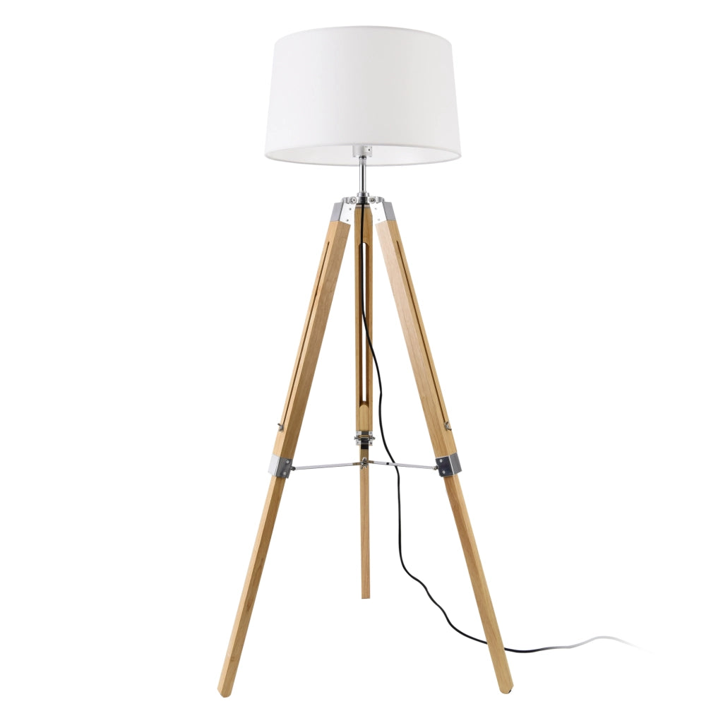 Lampada da Terra a Treppiede Regolabile in Altezza Piantana Tripode Base in Legno e Metallo Paralume in Tessuto -