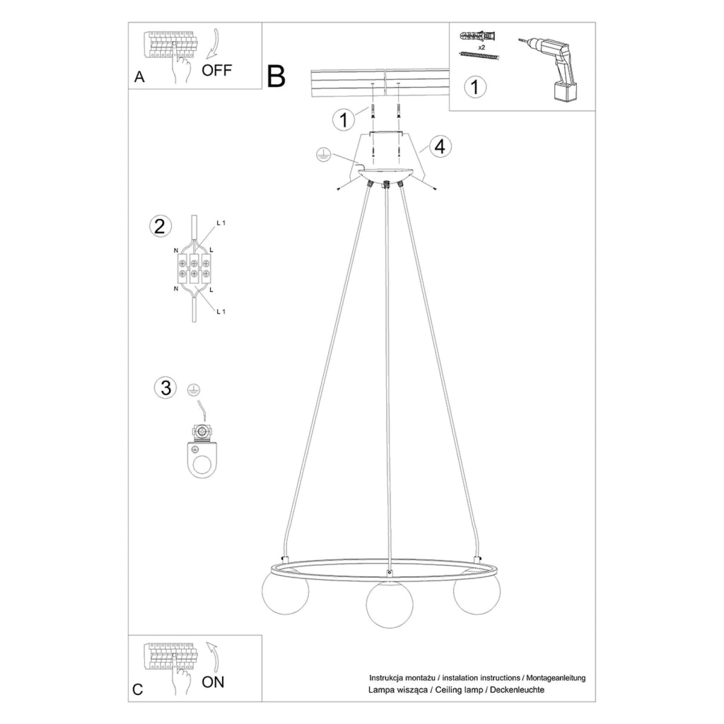 Lampada da soffitto YOLI French Sky in acciaio nero e vetro 3x8W LED G9 IP20