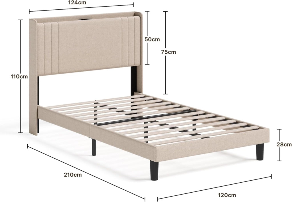 Letto imbottito con luce LED 120 x 200 cm，Piattaforma Struttura letto (2 Prese CA 2 Porte USB), Per le camere degli ospiti e le camere da letto (Beige, 120 x 200 cm)