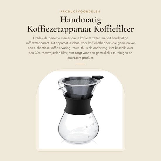 Caffettiera Manuale - Filtro Caffè 400 ml - Filtro in Acciaio Inossidabile - Vaschetta in Vetro Borosilicato - Resistentente al Lavastoviglie - Impostazione Facile - Caffettiera