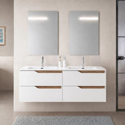 Mobile bagno sospeso 120 cm bianco e quercia due cassetti e doppia vasca Sumya