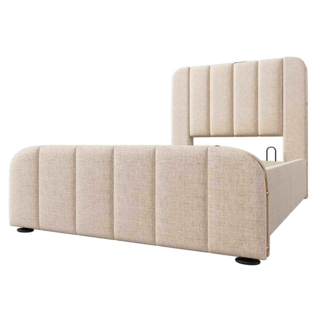 Letto singolo contenitore idraulico con USB e Type-C 90x200 cm; lino beige