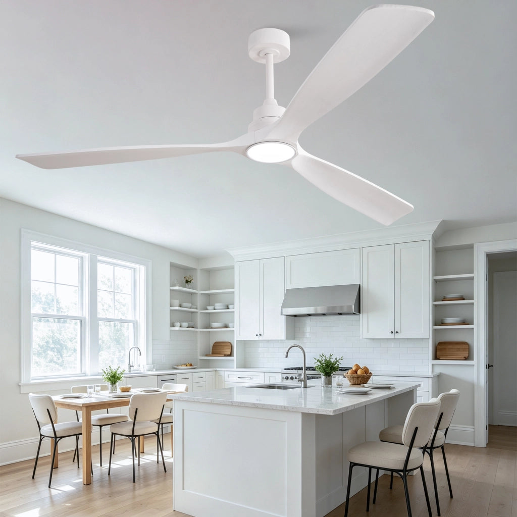Ventilatore da soffitto bianco puro 70 pollici, 3 pale ad elica rinforzate in legno massello, motore DC reversibile silenzioso, design moderno