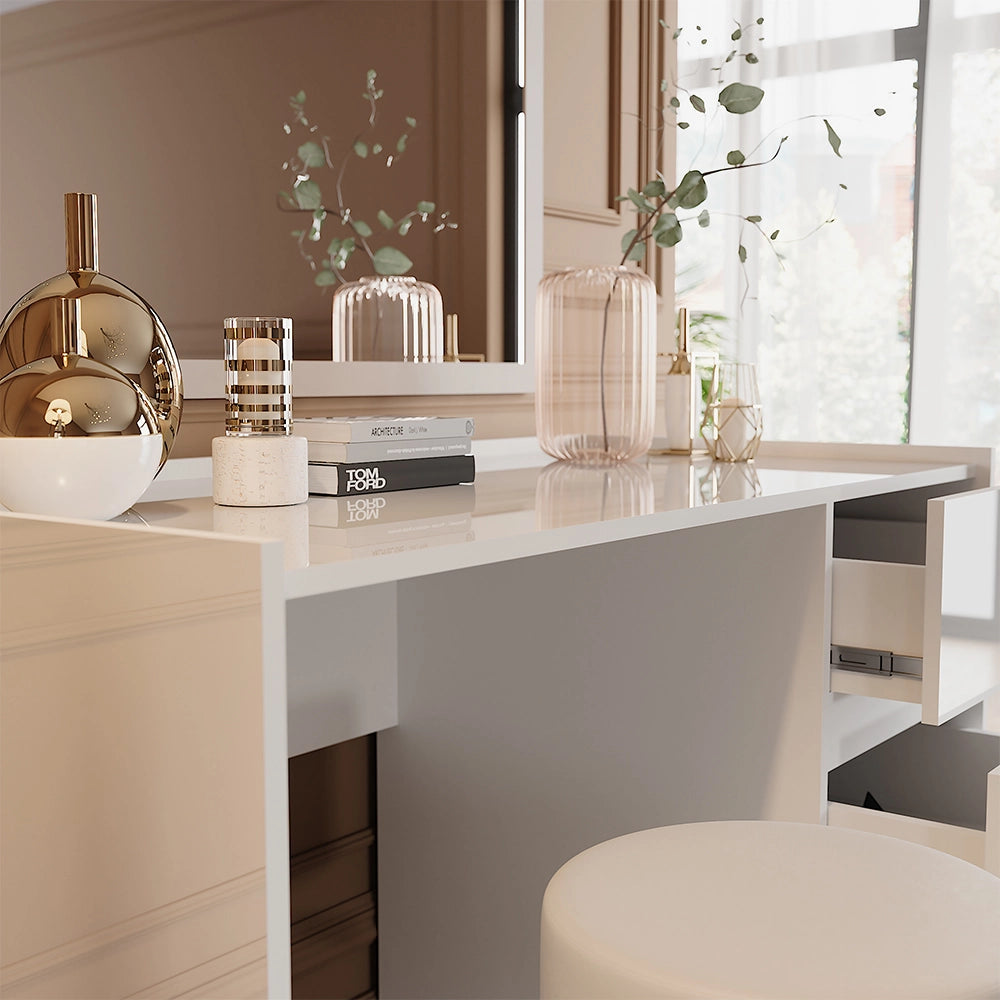 Vicco Tavolino da toilette Bianco lucido 120 cm con sgabello
