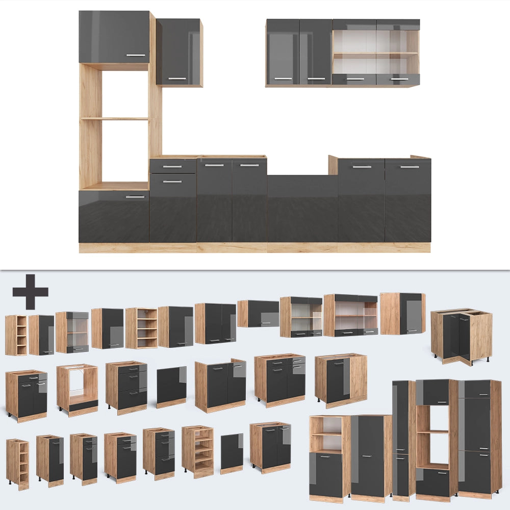 Cucina componibile R-Line Antracite lucido/Rovere dorato 300 cm con armadio alto, PL Marmo Vicco