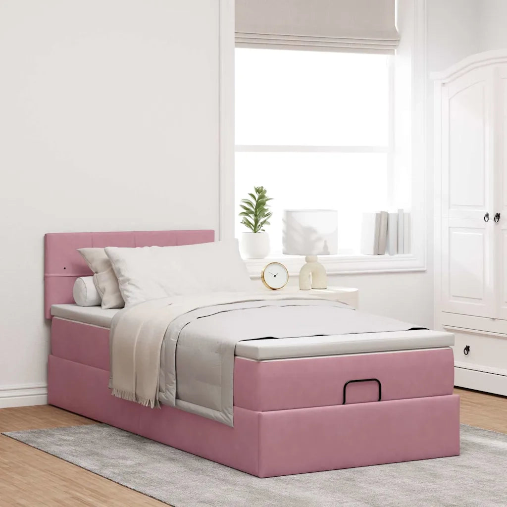 Struttura Letto Pouf con Materasso Rosa 90x200 cm in Velluto 3311752