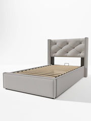 Letto contenitore singolo 90×200 cm con testiera imbottita e rete sollevabile; materasso incluso; cotone; grigio chiaro