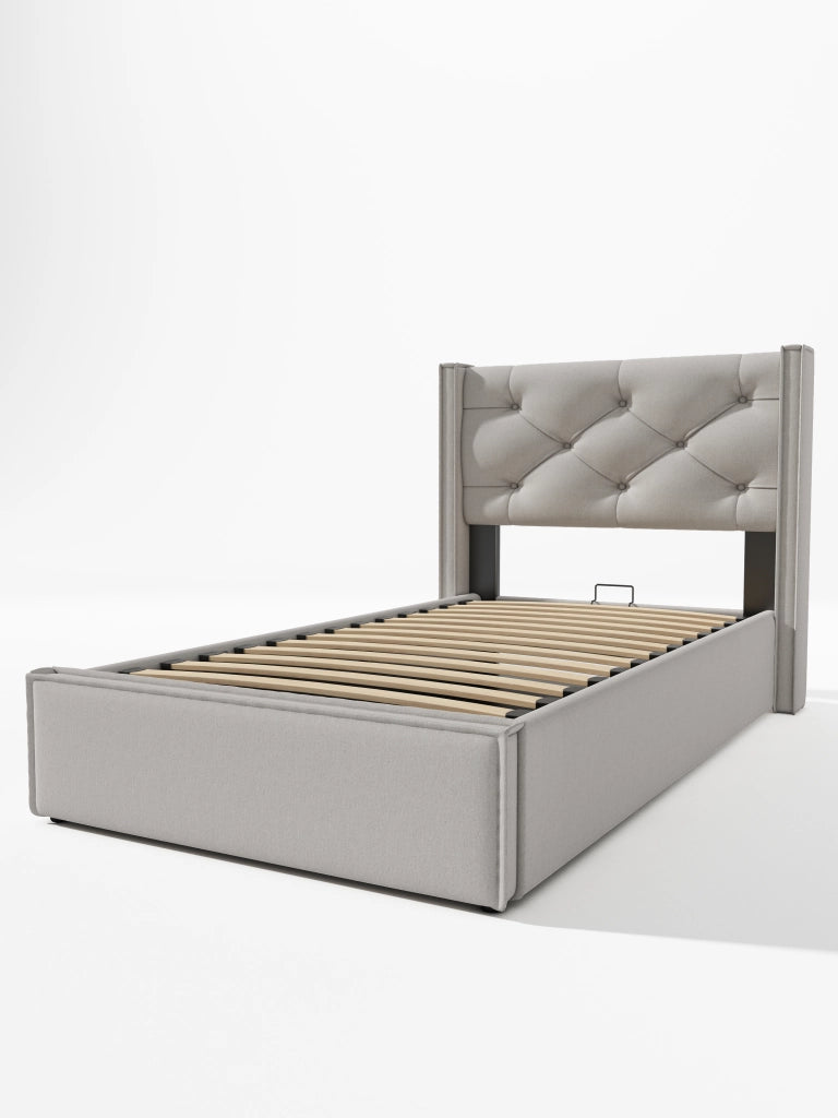 Letto contenitore singolo 90×200 cm con testiera imbottita e rete sollevabile; materasso incluso; cotone; grigio chiaro