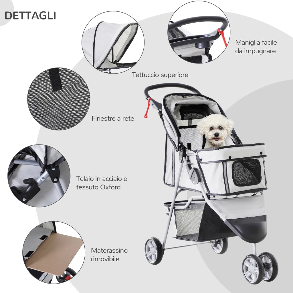 EasyComfort Passeggino per Cani Pieghevole con Portabicchieri e Cestino, in Acciaio e Poliestere, 75x45x97 cm, Grigio