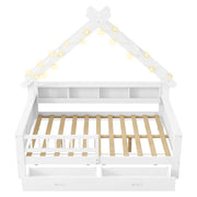 Letto per bambini 140×200 cm con LED; 2 cassetti; ripiani e barriera di sicurezza; senza materasso; bianco