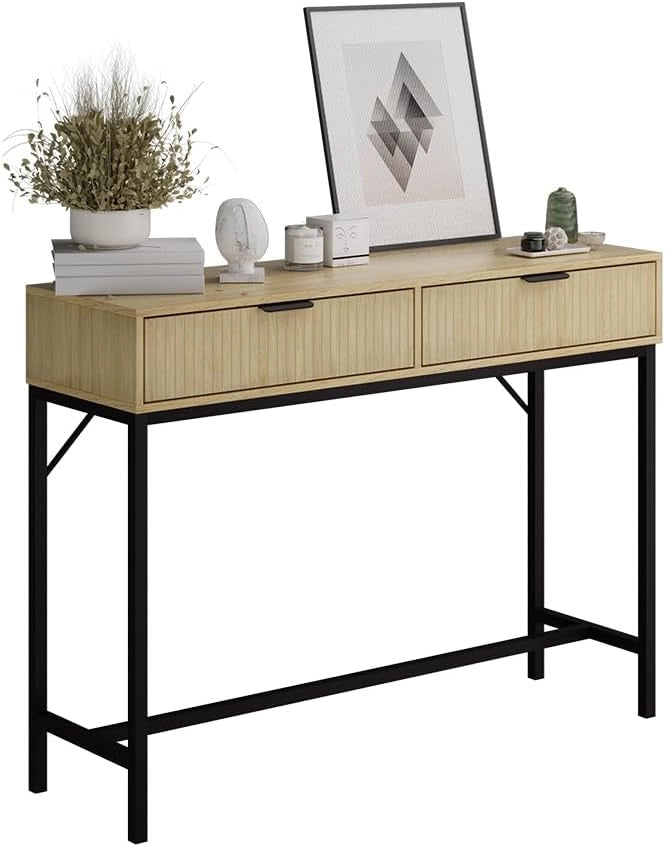 Tavolo consolle Lennox, Rovere, 100 x 75 cm con 2 cassetti, adatto per riporre riviste e telecomandi