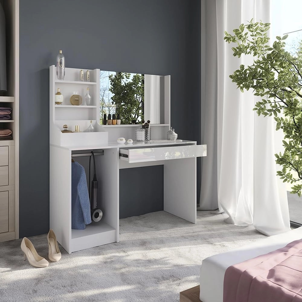 Tavolo da toeletta Sherry, Bianco/bianco lucido, 119.8 cm 3 parti, con specchio superiore per l'uso quotidiano e l'organizzazione
