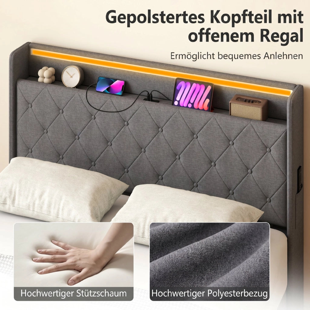 Letto Contenitore Matrimoniale con LED ¨C Zephmum ¨C Grigio 140x200 cm