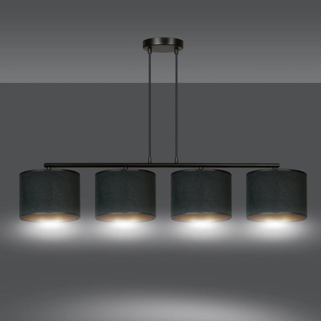 Lampadario 4 Luci Ganesha In Acciaio Nero E Paralumi In Tessuto Nero